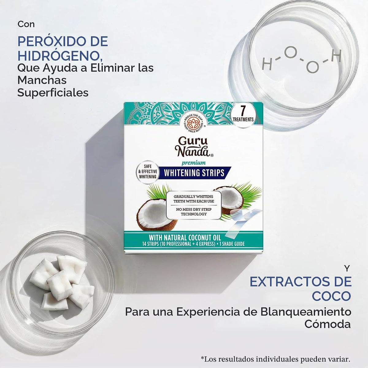 GuruNanda Tiras Blanqueadoras: Peróxido Activo, Confort de Coco
